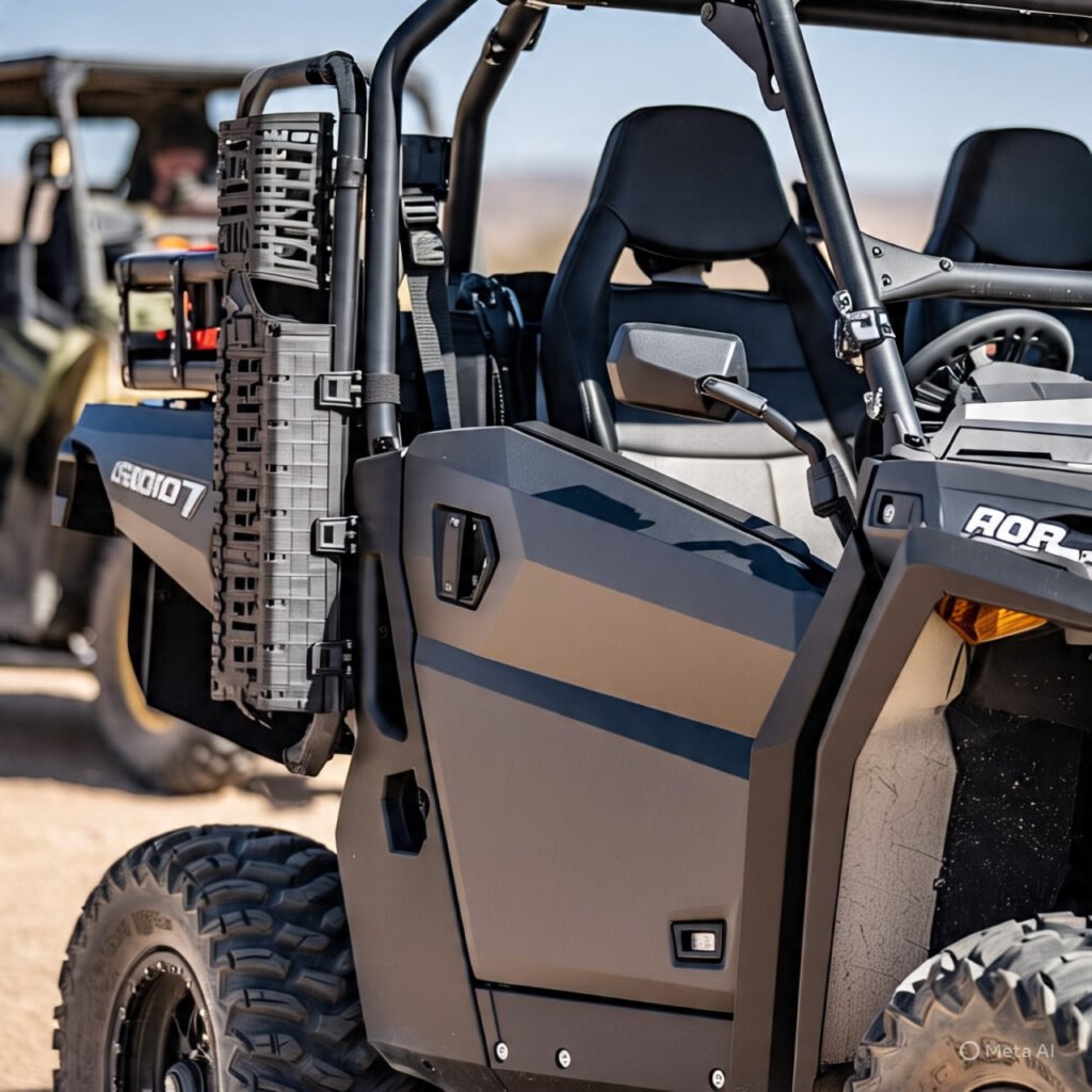 Comparison of quick-release, roll bar, and MOLLE panel fire extinguisher mounts on a UTV, highlighting different installation positions and access methods. 