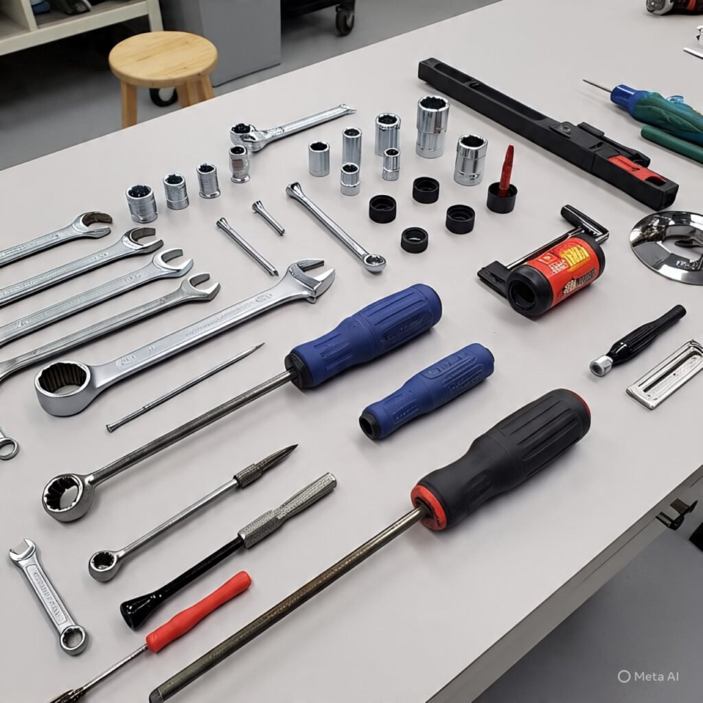 Tools and components laid out for UTV fire extinguisher mount installation, including wrenches, thread locker, and mounting hardware. 