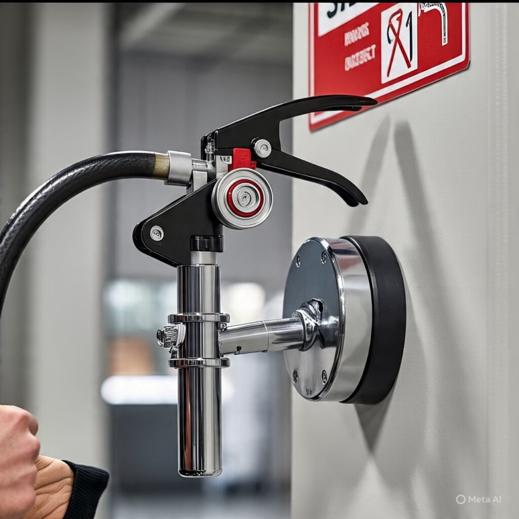 Hand activating a quick-release UTV fire extinguisher mount, showing the one-motion removal process for emergency access. 