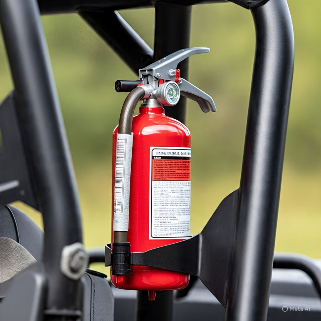 Well-maintained UTV fire extinguisher mount showing proper security features and clean condition, with extinguisher correctly positioned for quick access. 
