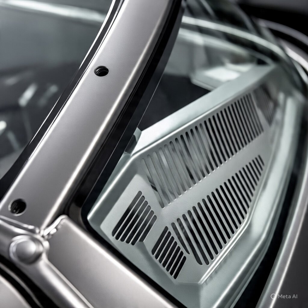 Close-up view of a Can-Am Maverick R vented windshield showing adjustable air vents and secure mounting hardware. 