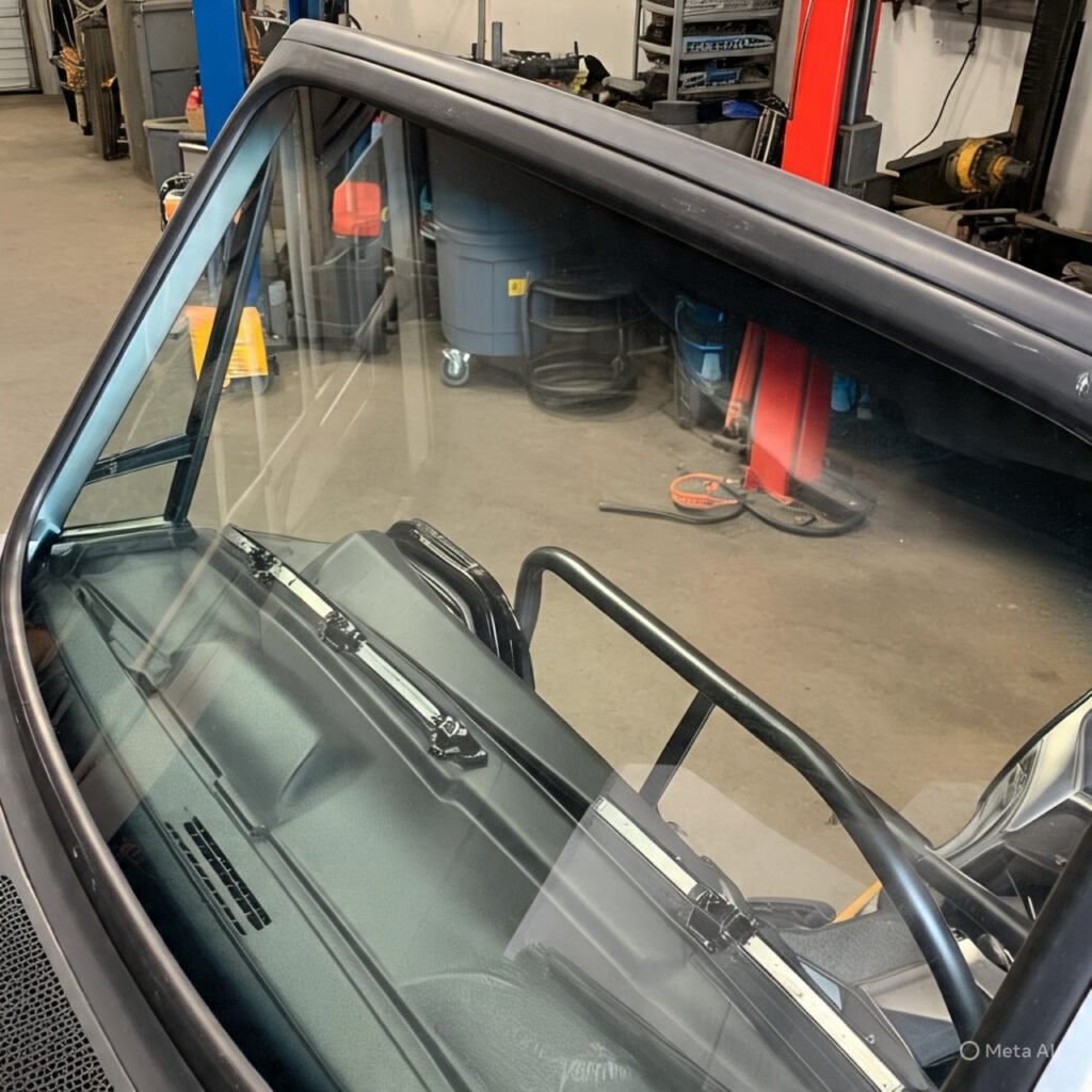 Comparison of glass and polycarbonate windshields for the Can-Am Maverick R, highlighting differences in thickness, clarity, and mounting hardware. 