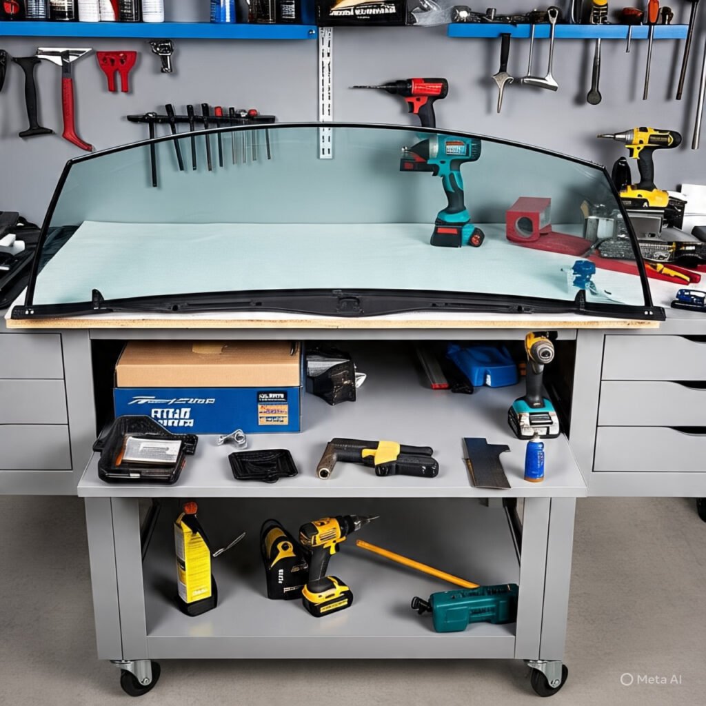 Tools and components laid out for Can-Am Maverick R front windshield installation, including mounting hardware and weather stripping.
