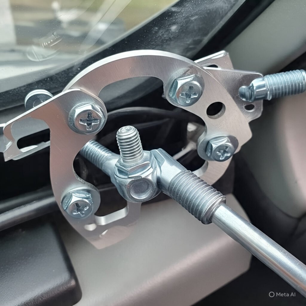 Detailed view of properly maintained Can-Am Maverick R windshield mounting points, showing secure hardware and intact weather sealing. 