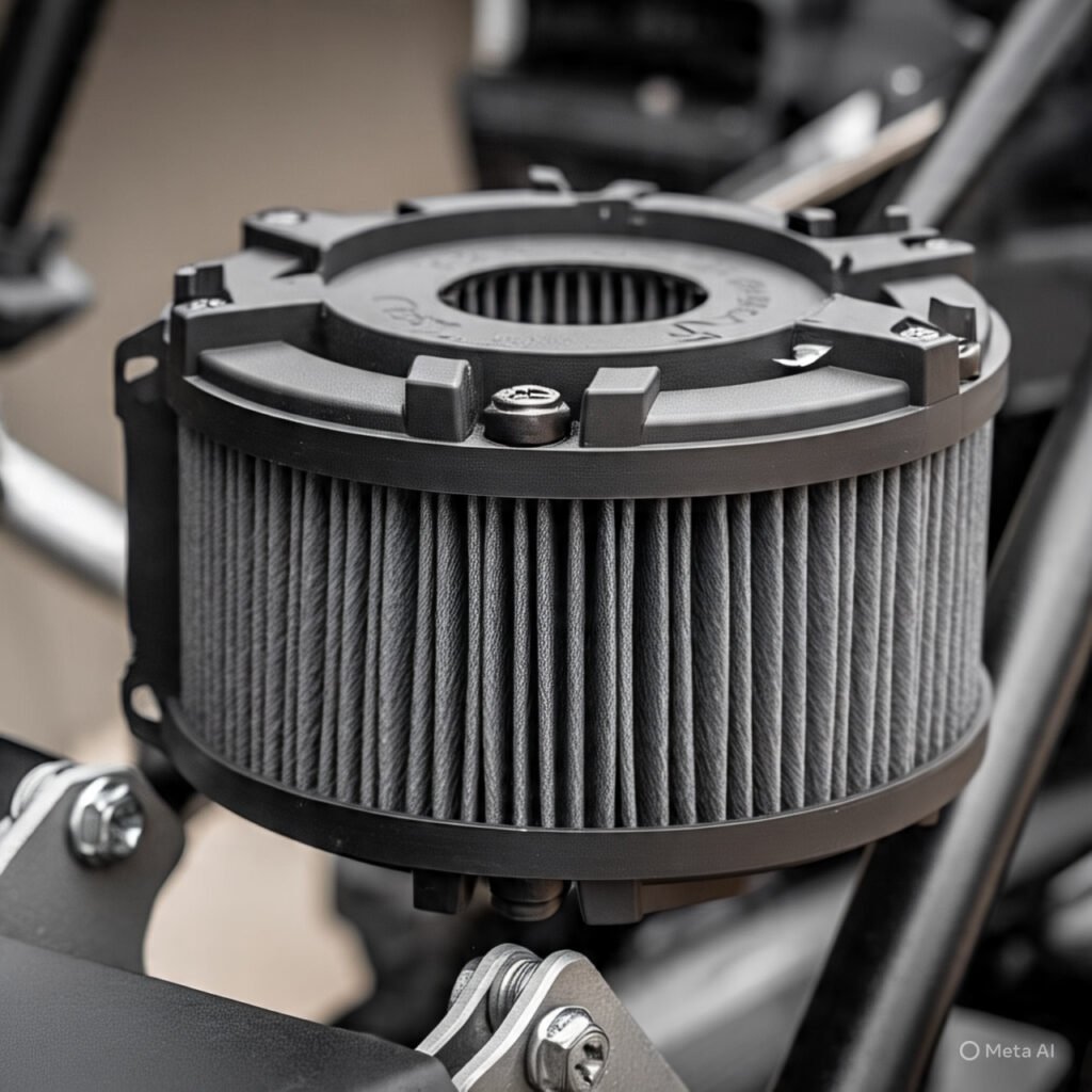 Close-up view of a premium synthetic UTV air filter showing the multi-layer filtration design and mounting hardware
