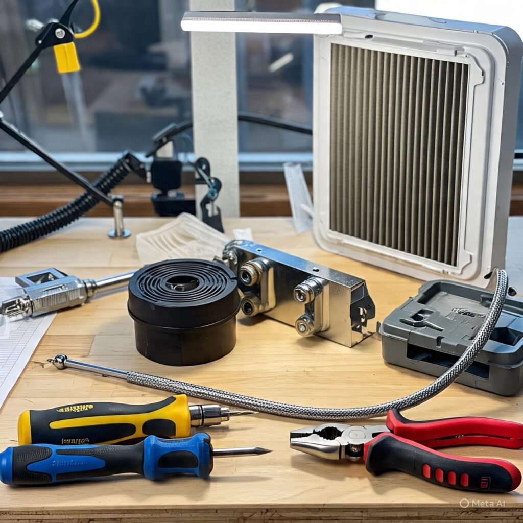 Complete tool set and components laid out for UTV air filter upgrade installation, including filter, mounting hardware, and specialized tools
