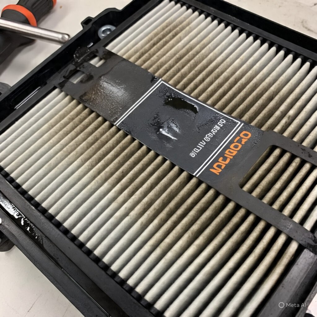 Properly maintained UTV air filter showing the correct oil application pattern and clean filtration surface ready for reinstallation

