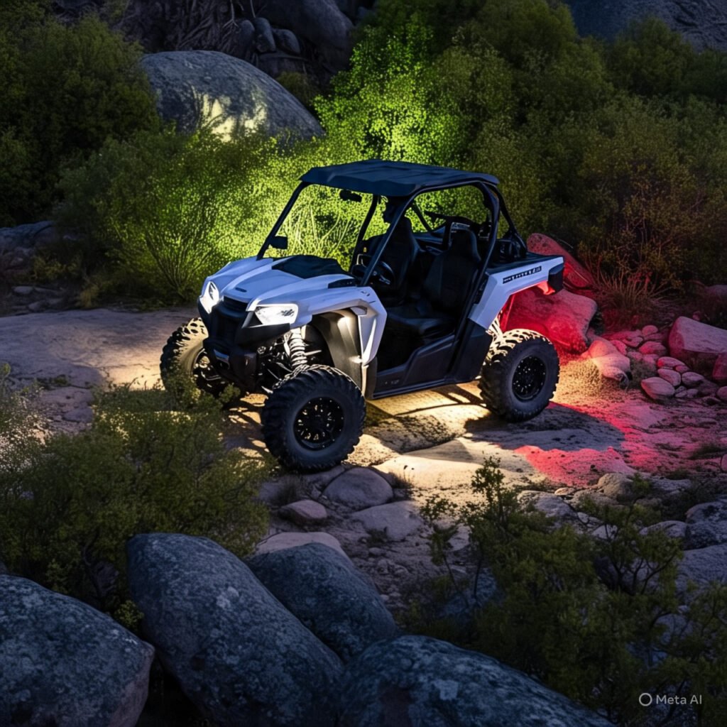 UTV parked showing amber side marker lights and soft white rock lights illuminating the ground. 