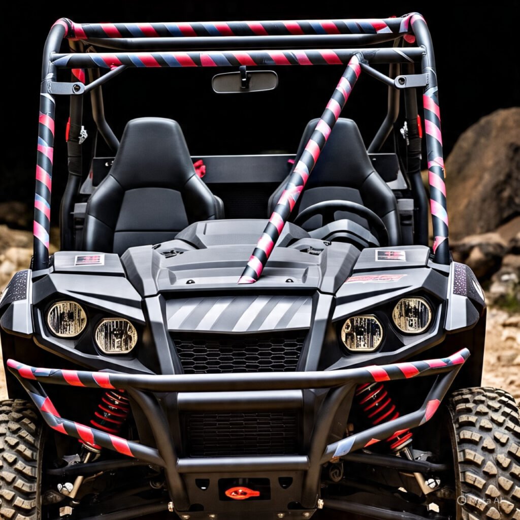 Close-up showing bright reflective tape applied to key areas of a UTV frame. 