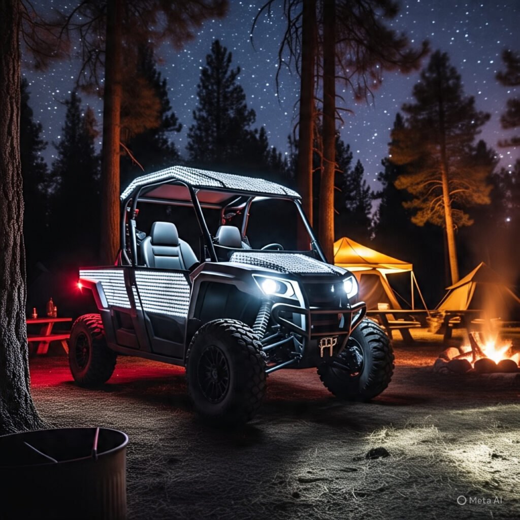 UTV parked in a dark campsite, made visible by reflective elements and possibly small marker lights. 