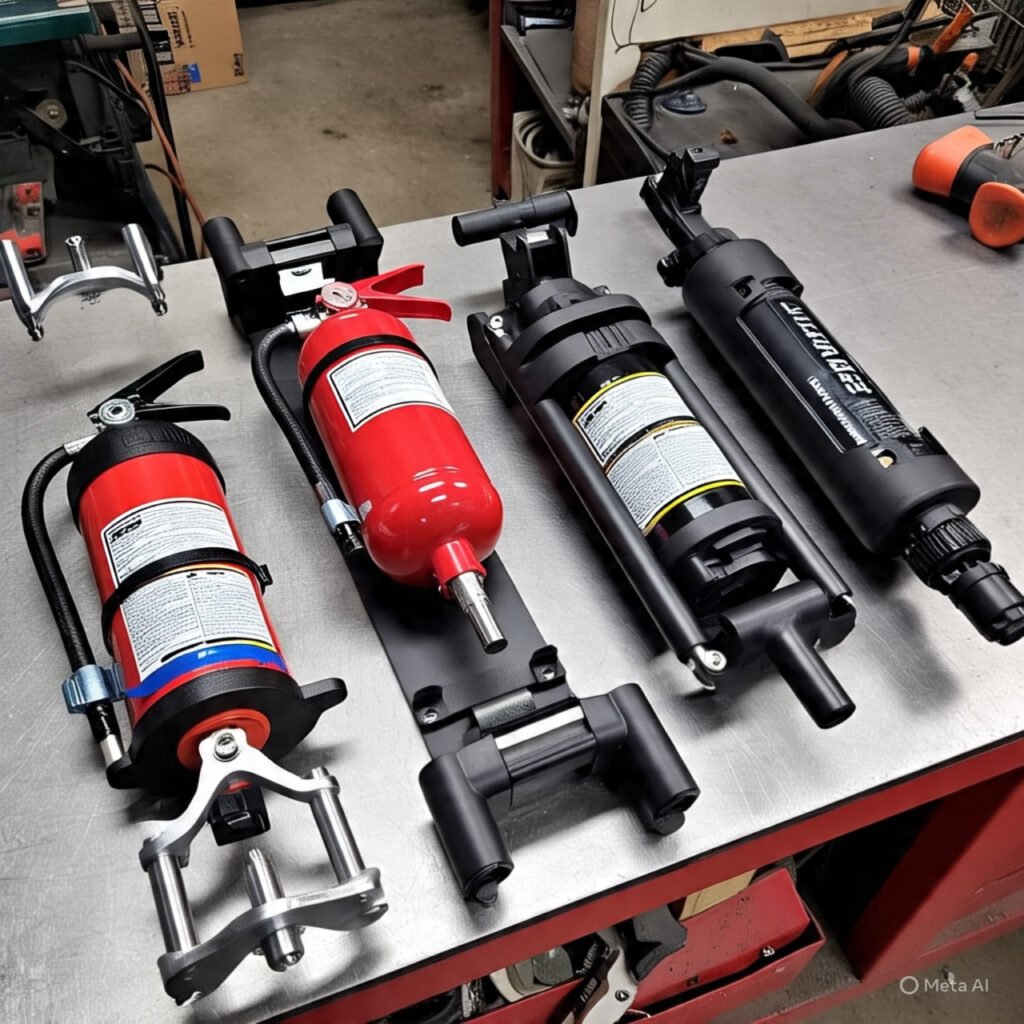 Comparison of roll cage clamp, flat surface, and universal UTV fire extinguisher mounts. 