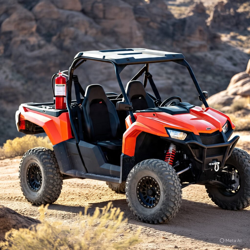 Fire extinguisher securely mounted within easy reach on a UTV's A-pillar roll cage. 