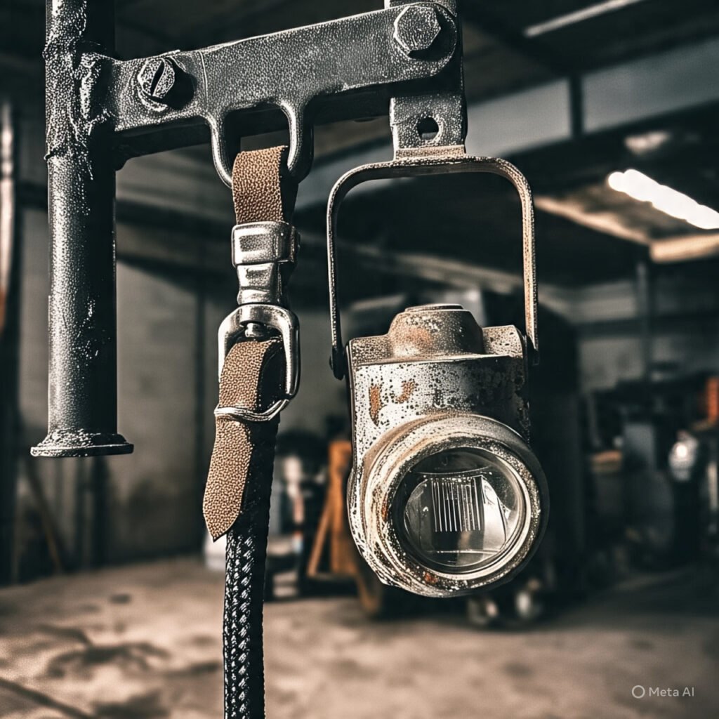 Detailed view of a UTV whip light spring base bolted securely to a roll cage, alongside an LED rock light pod mounted cleanly to the frame. 