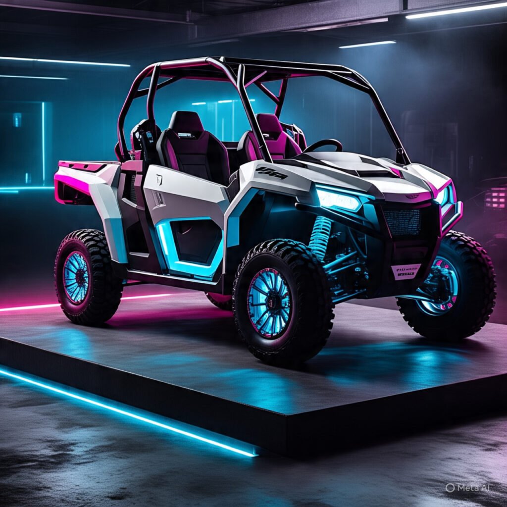 UTV parked at dusk with a unique blue-to-green fading pattern displayed on both its whip lights and rock lights. 