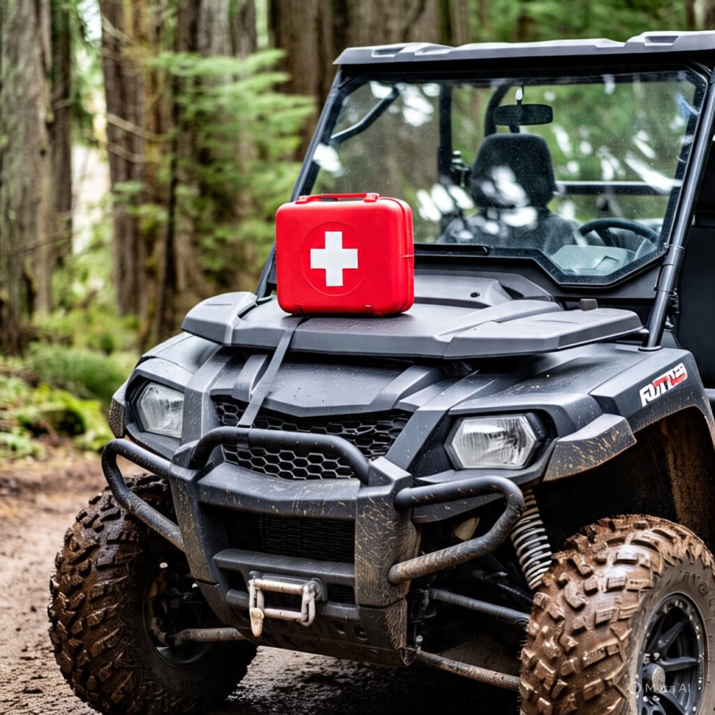UTV first aid kit securely mounted to roll cage.