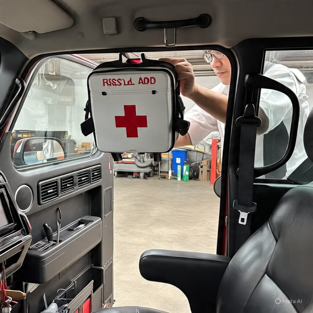 Driver accessing UTV first aid kit mount while seated.