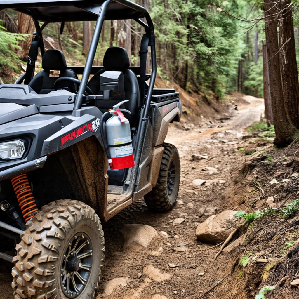 Quick release fire extinguisher mount installed on UTV roll cage.