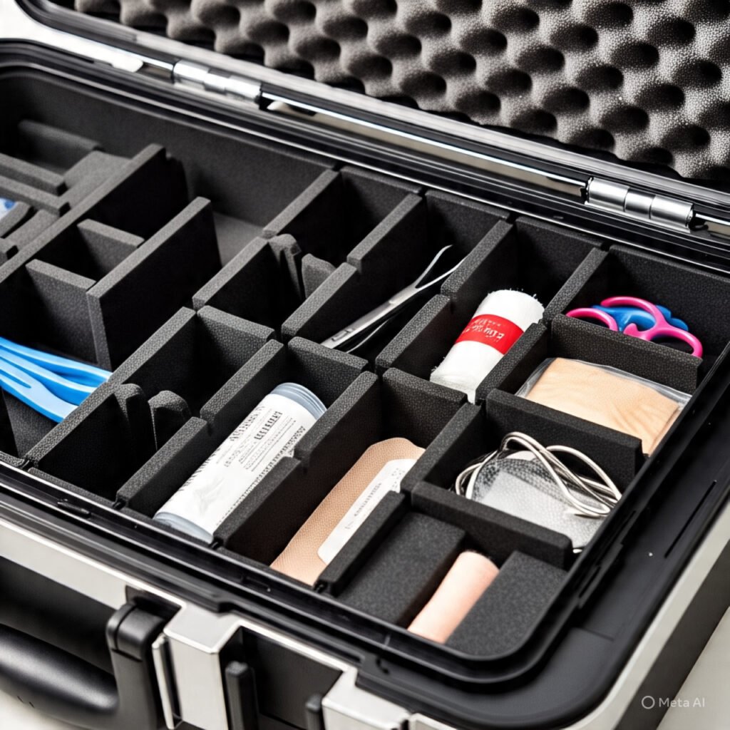Organized medical supplies inside a UTV hard case med kit.