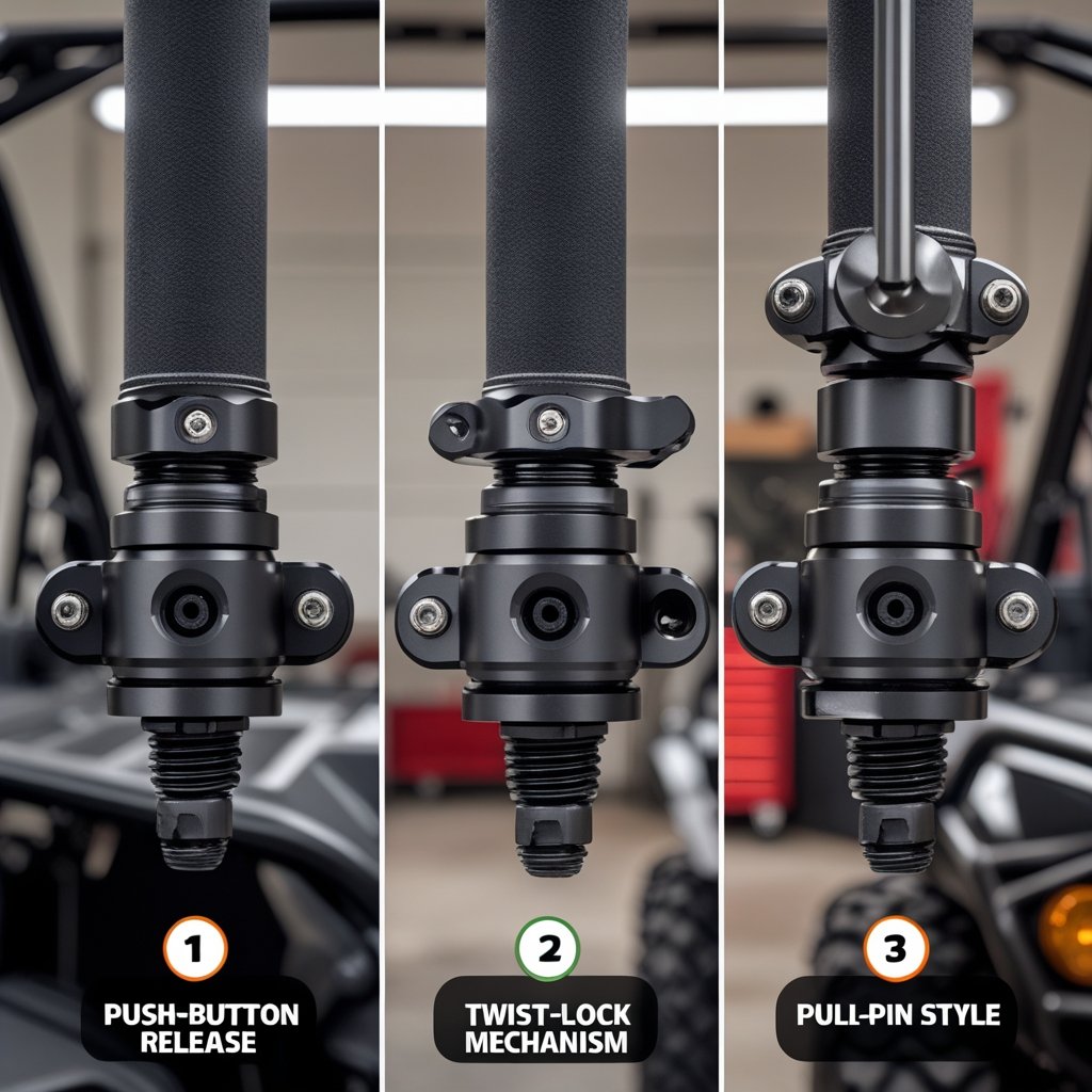 Different styles of quick disconnect whip mounts for UTVs.