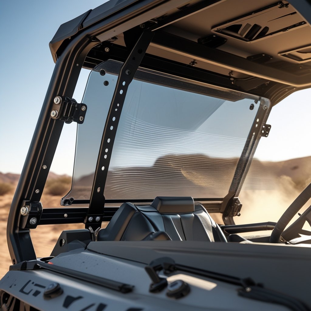 UTV windshield vent providing cabin airflow.
