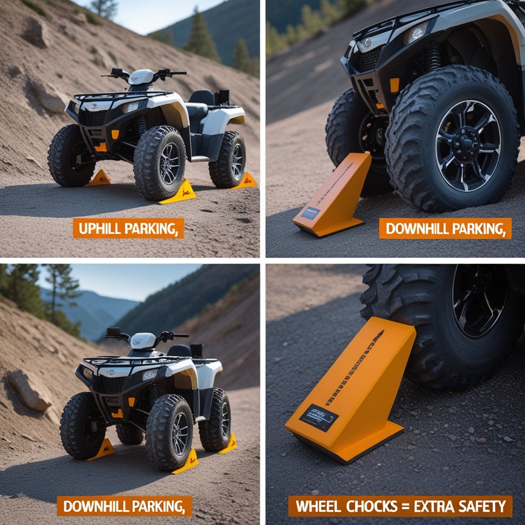 Wheel chocks securing UTV tires on a slope.
