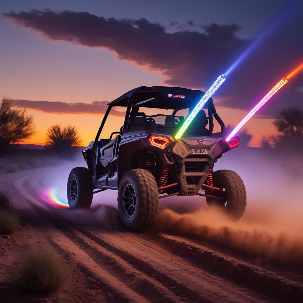 Off-road vehicle with LED whips on a dusty trail.