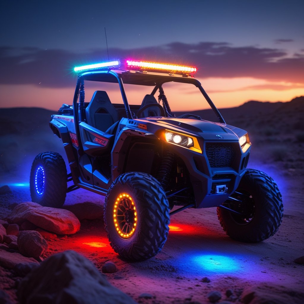 UTV with whip and rock light combo illuminated on trail.