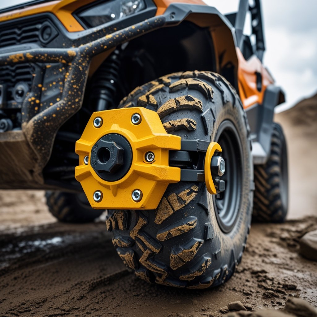 Wheel lock boot installed on UTV.