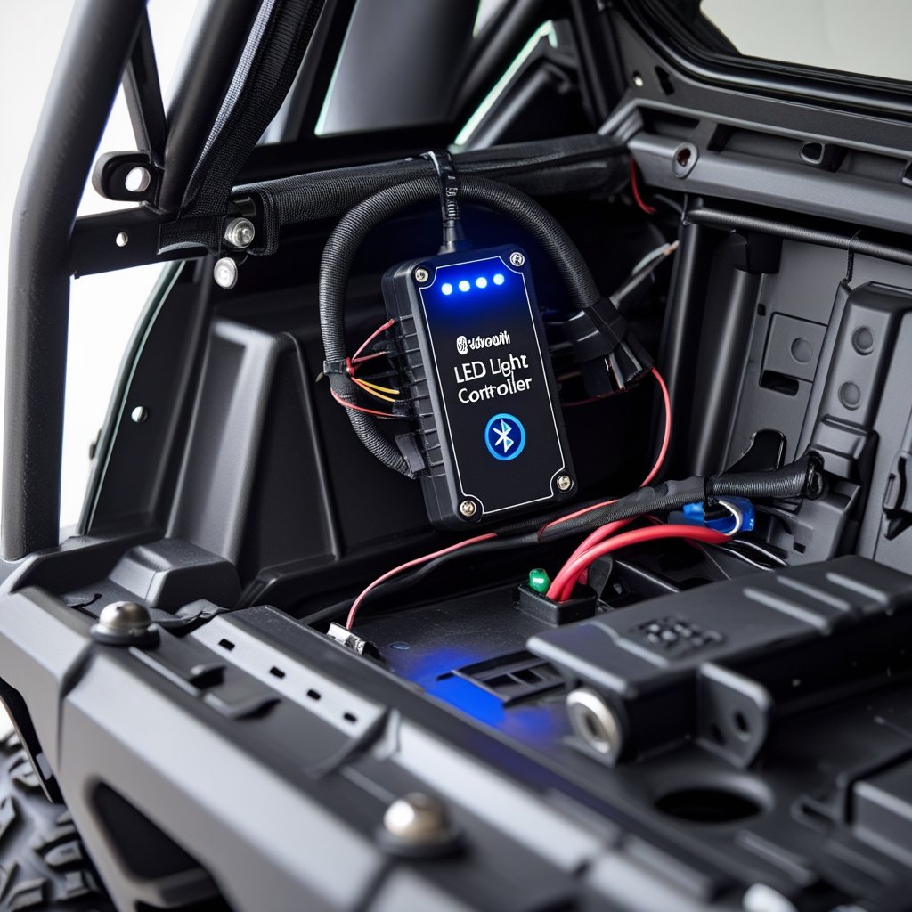 Bluetooth light controller installed in UTV with wiring connections.