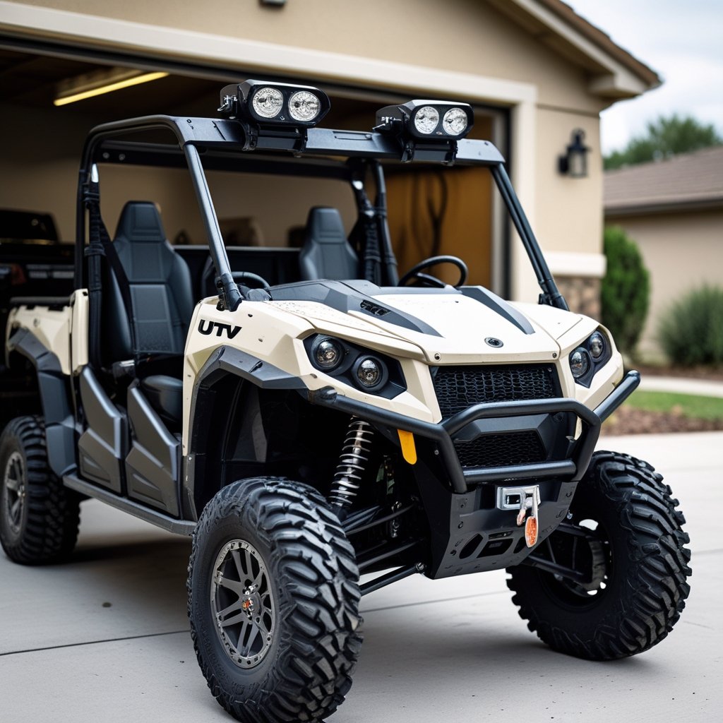 UTV with whip lights folded down using quick disconnect folding mount system.