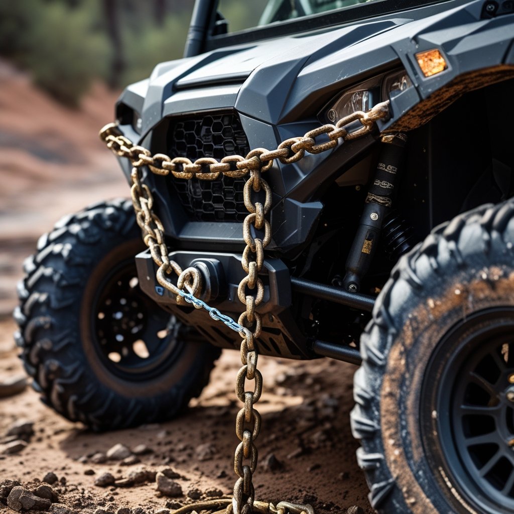UTV secured with heavy-duty chain and lock.