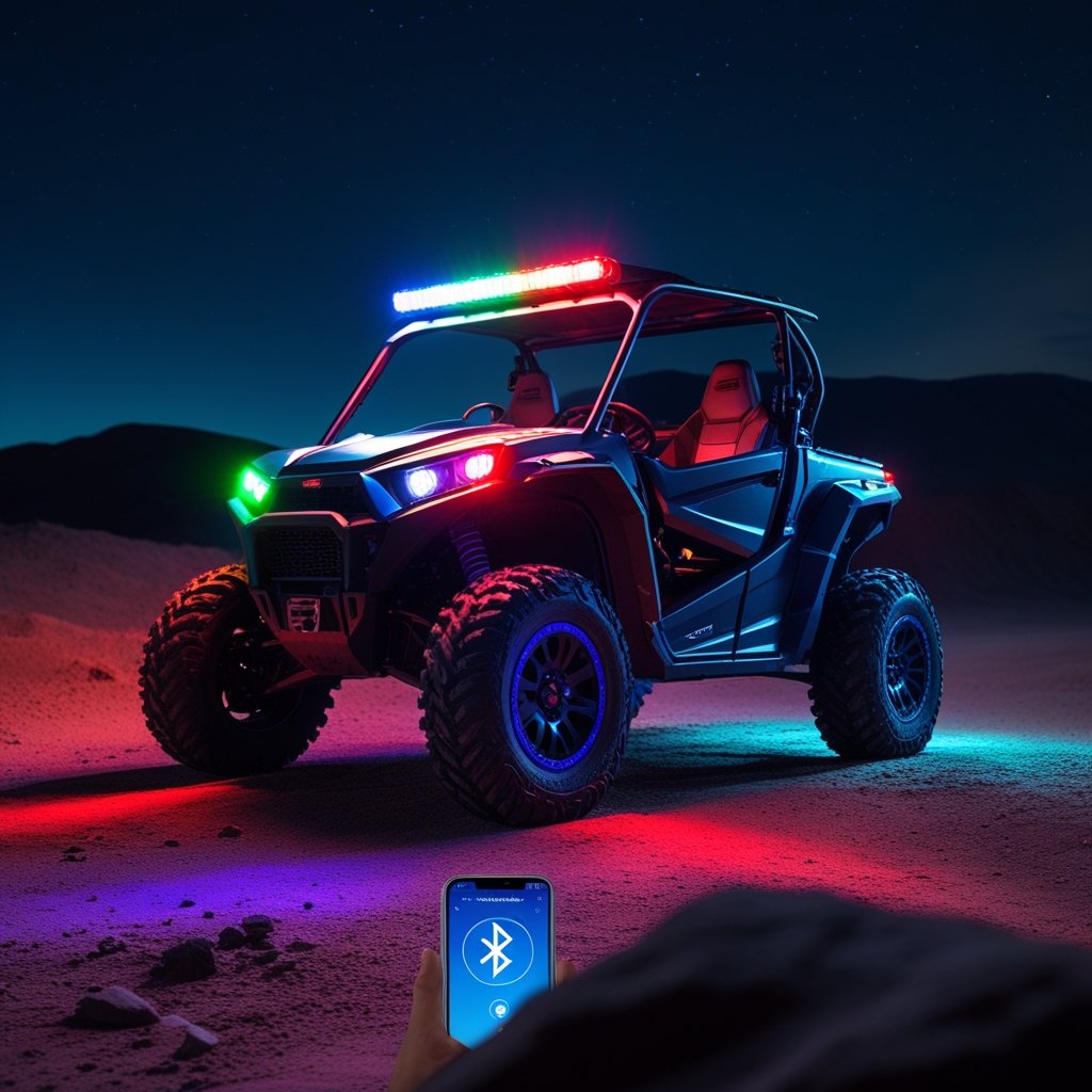 UTV with Bluetooth controlled lights displaying custom colors at night.