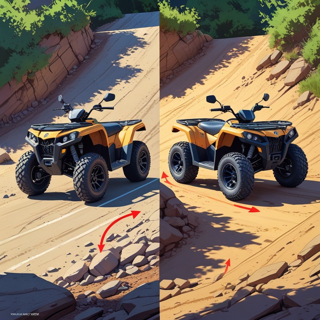UTV parked safely downhill with wheels turned correctly.