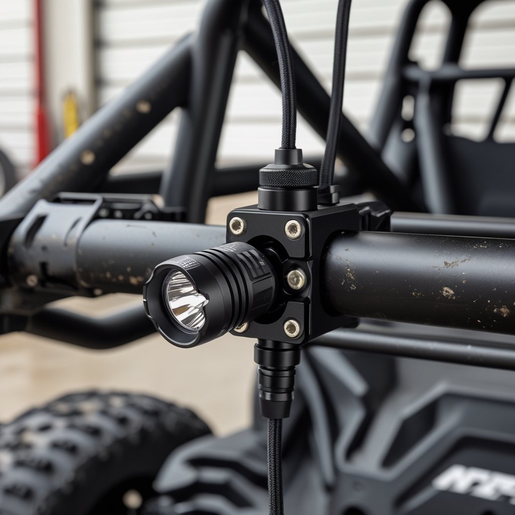 Quick disconnect whip mount installed on UTV roll cage.