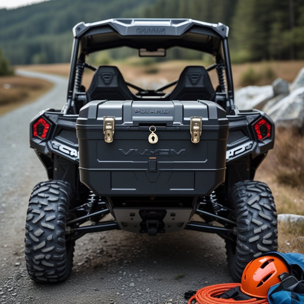Lockable UTV storage box on UTV bed