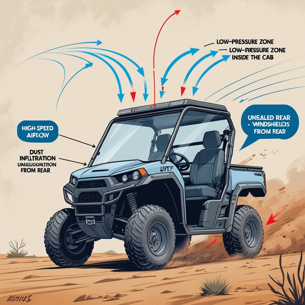 Diagram of negative pressure in UTV cab and dust swirl