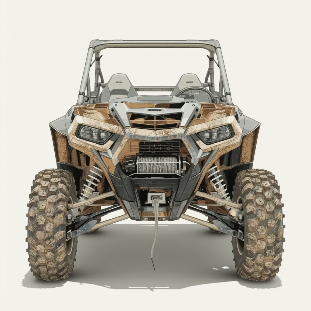 UTV with mud protection and recovery gear