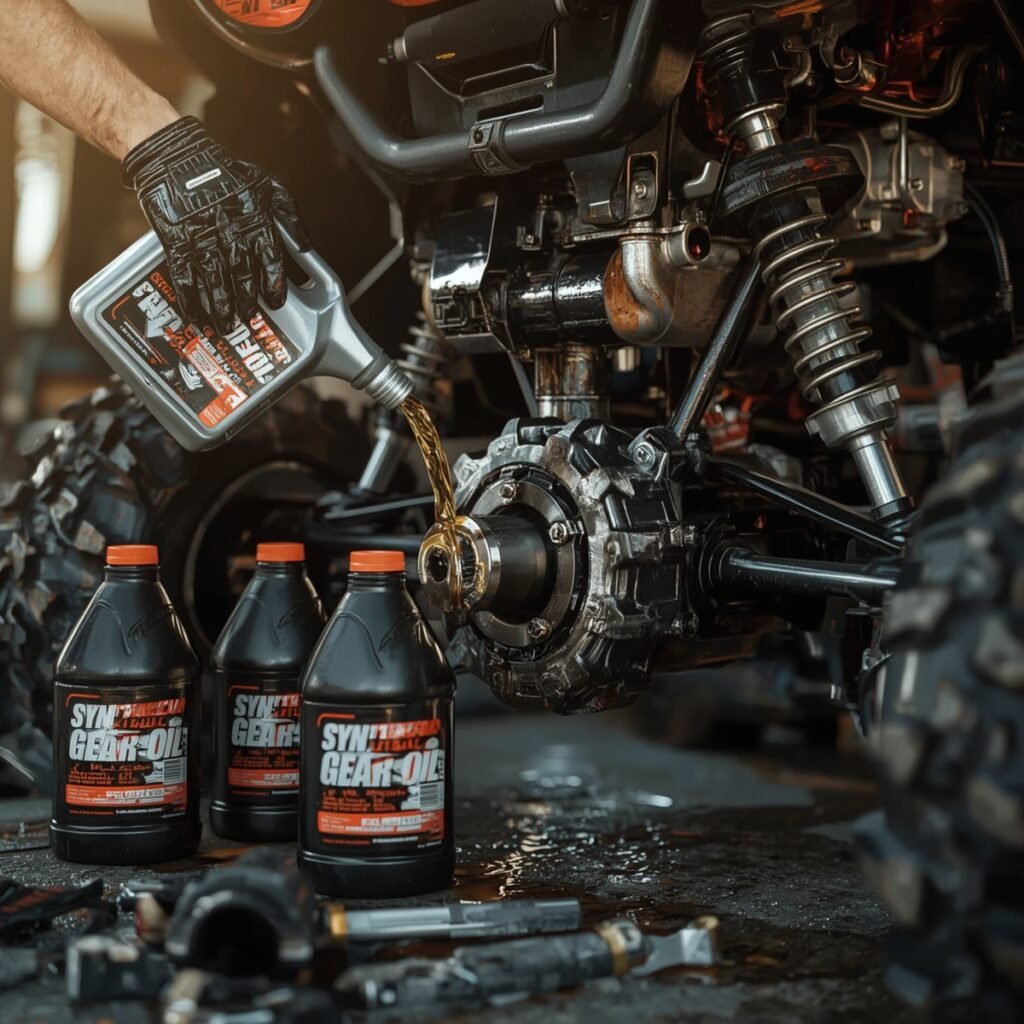 Changing UTV transmission fluid with synthetic oil.