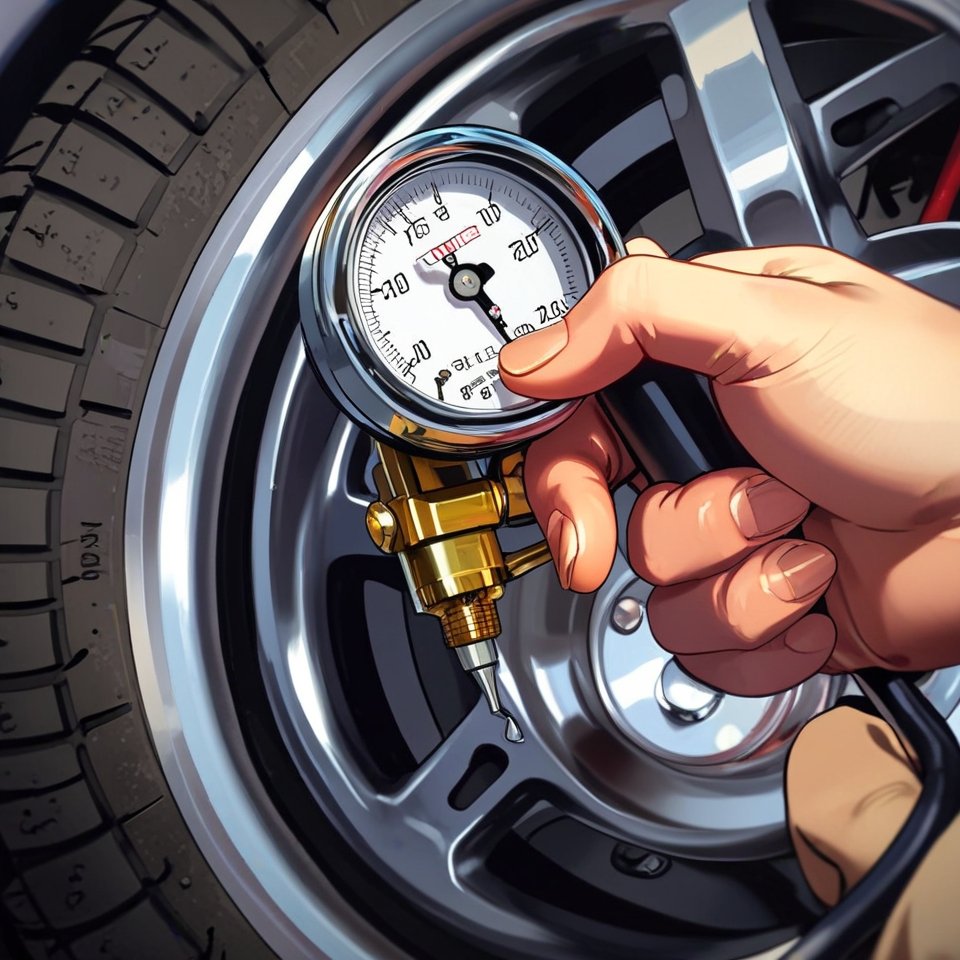 Checking UTV tire pressure for fuel efficiency.