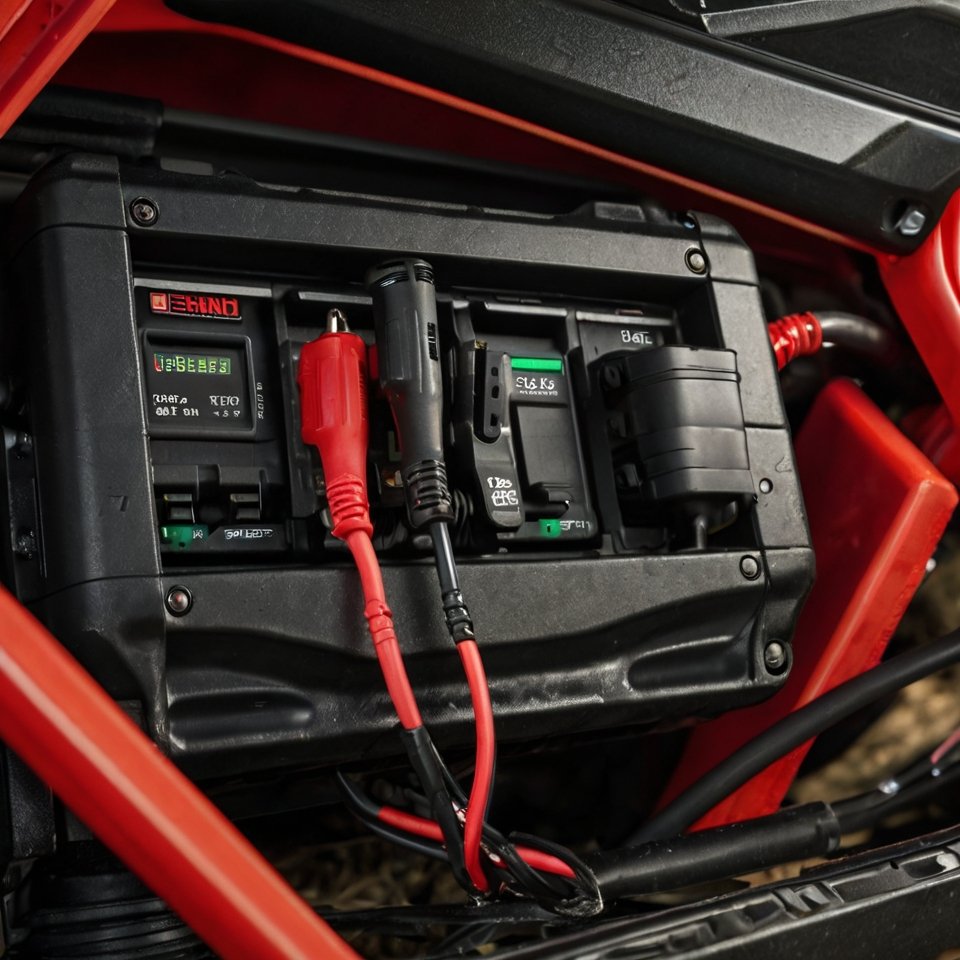 Portable jump starter for UTV battery.