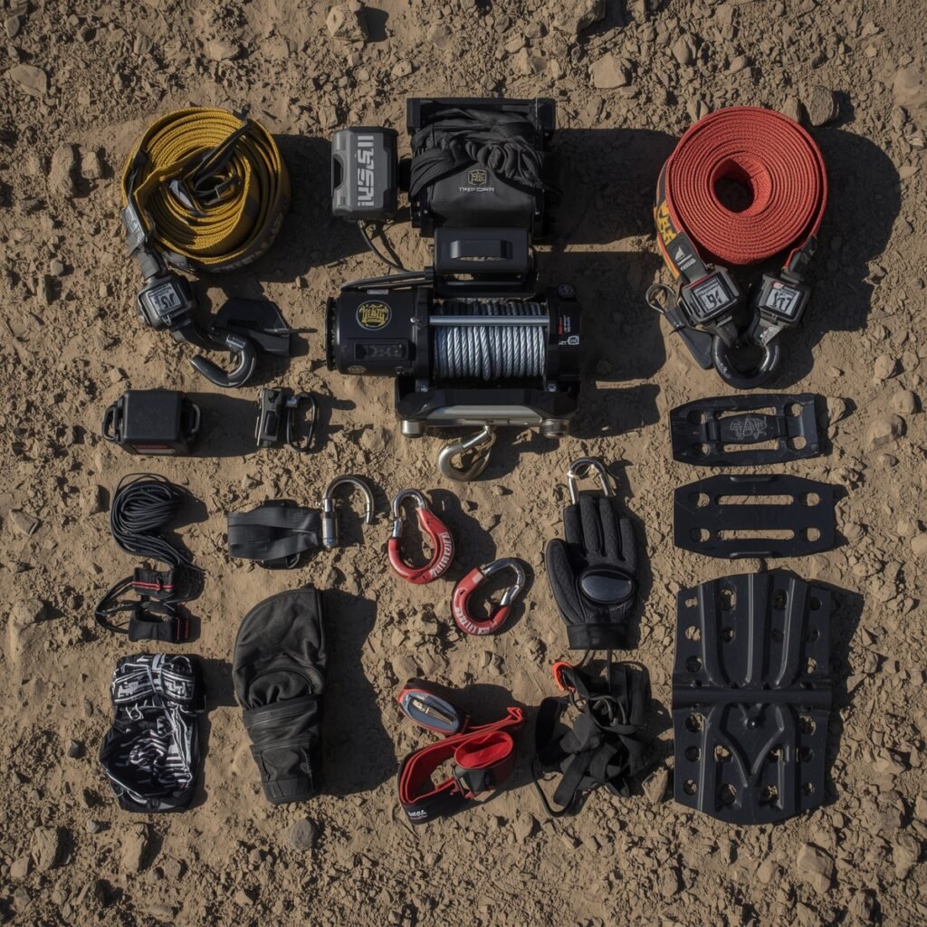Essential UTV recovery gear for off-road camping.