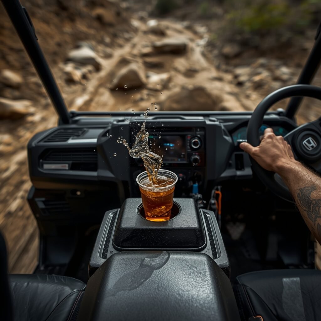 UTV drink spilling on rough terrain.