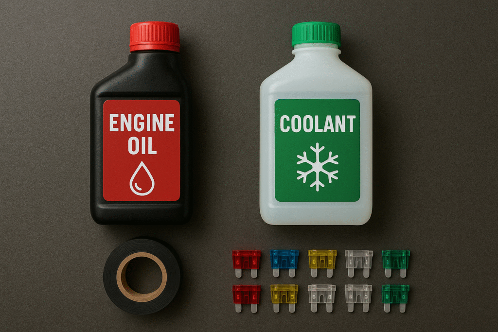 Essential fluids and spare parts for UTV trail maintenance.