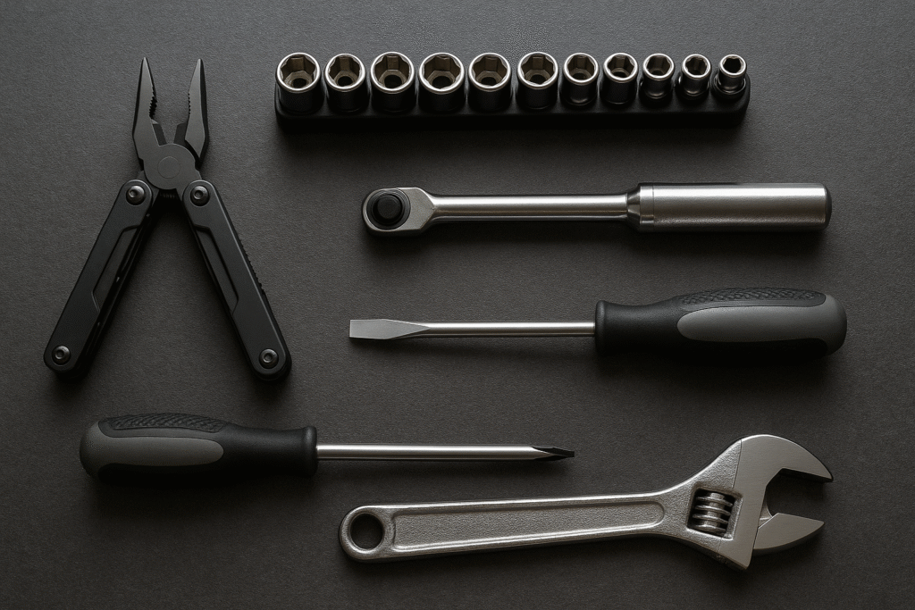 Basic hand tools for UTV trail maintenance.