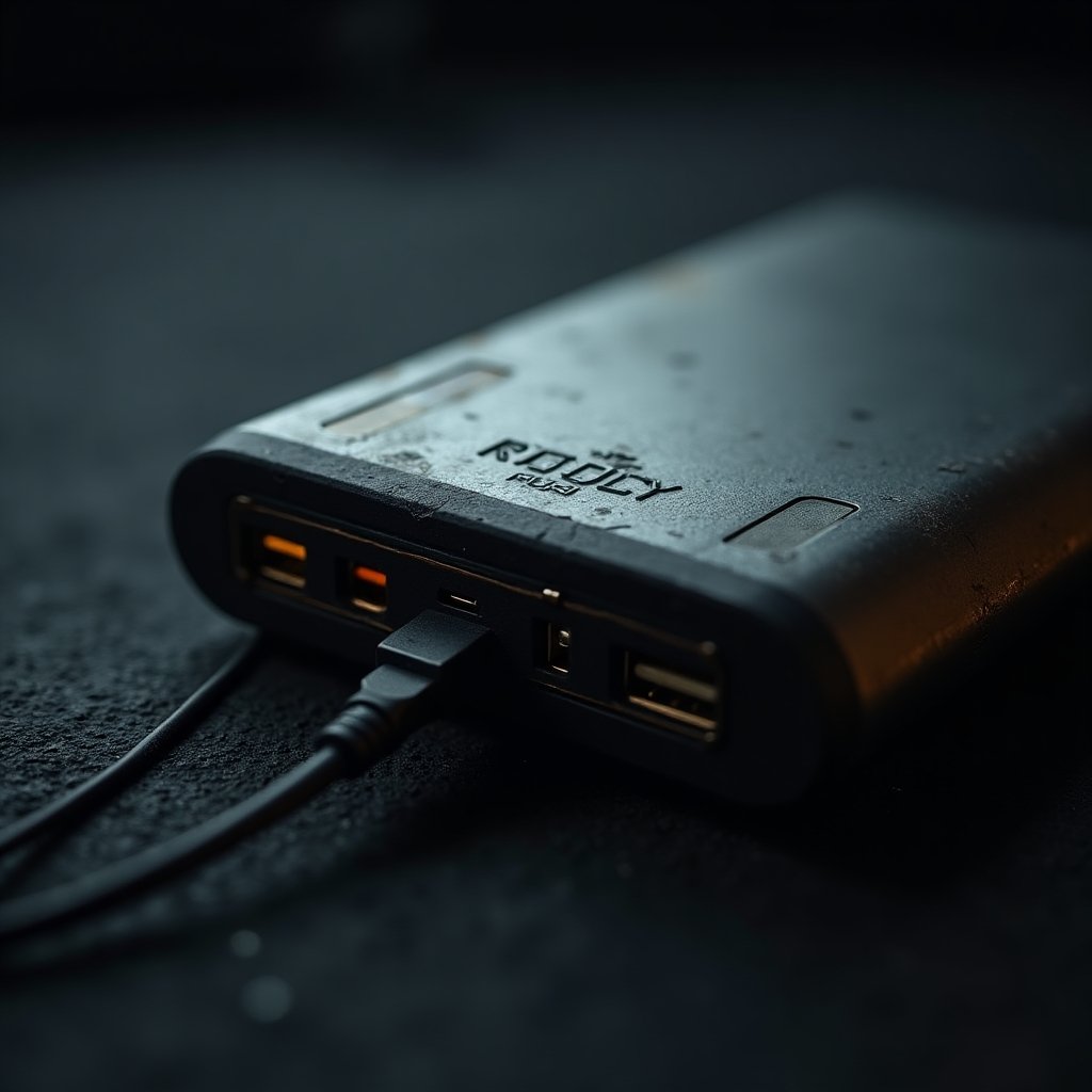 Rugged power bank with USB ports for charging gadgets.