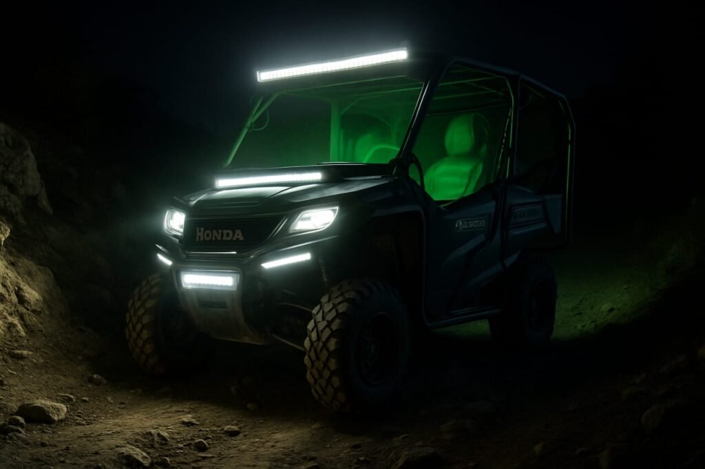 UTV with advanced LED lighting system on a dark trail.