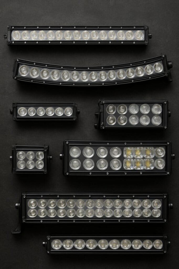 Collection of various LED light bars for offroad vehicles arranged on dark textured background. Display includes straight single-row light bar with 15 LED modules, curved light bar with multiple LED elements, compact 6-LED rectangular light bar, double-row 10-LED light bar, small square 6-LED pod light, large double-row light bar with white and amber LED combination, bottom double-row 28-LED light bar, and single-row 10-LED light bar. All light bars feature black aluminum housings with clear LED lenses, showcasing different sizes and beam patterns for offroad visibility applications."