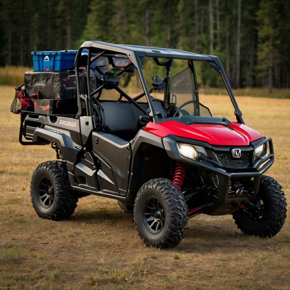 Organized Honda Pioneer cargo area with storage boxes and gear.