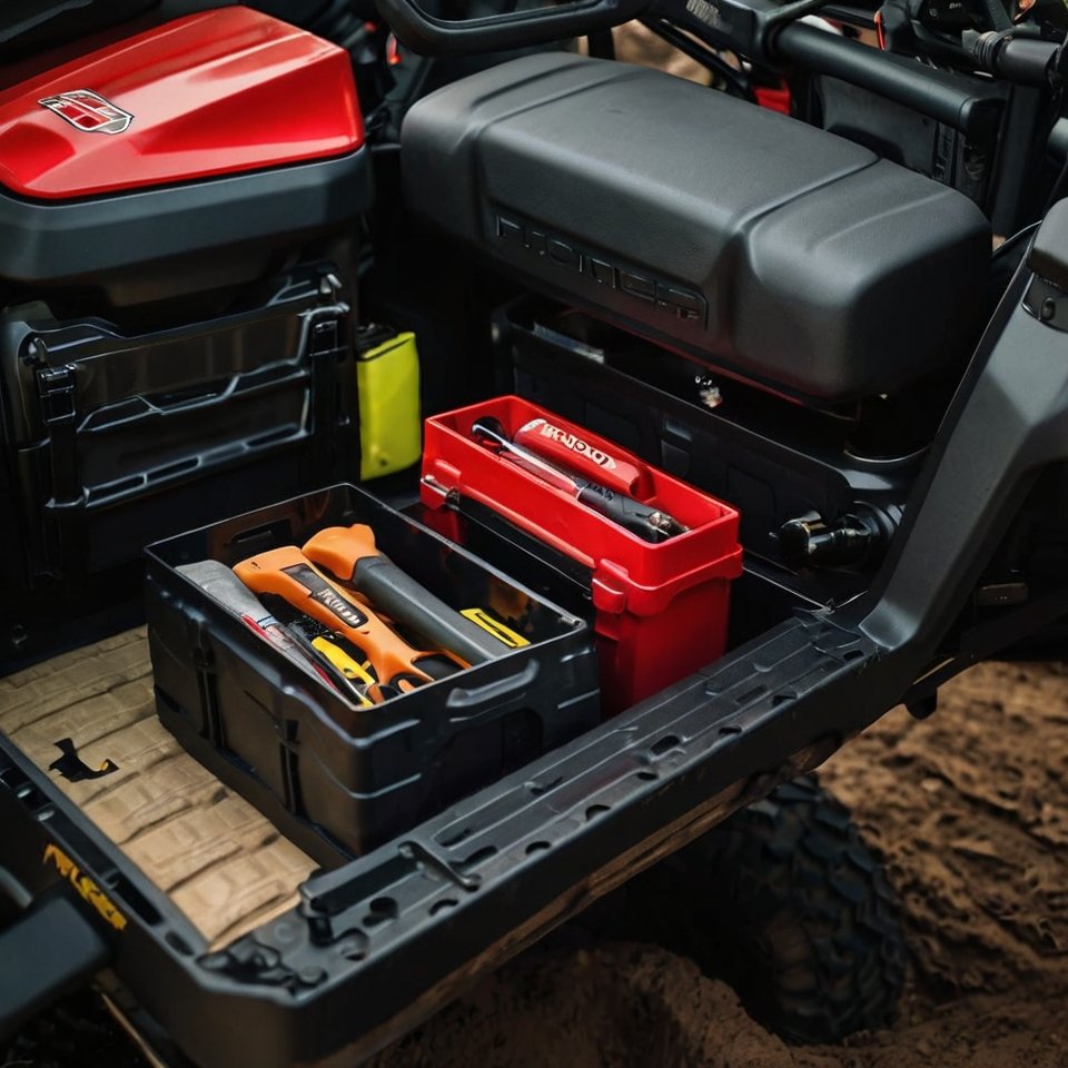 Honda Pioneer under-seat storage with organized compartments