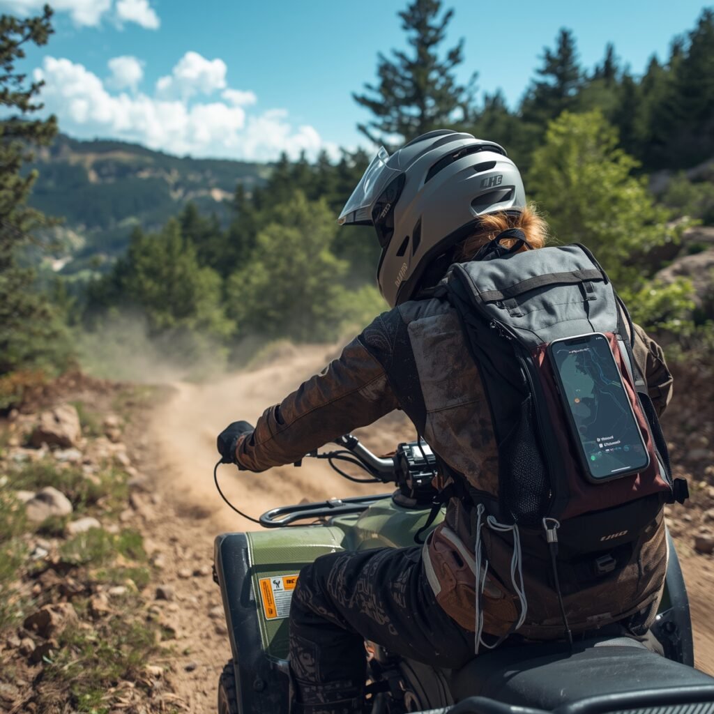 ATV rider using portable power bank to charge phone on remote trip.